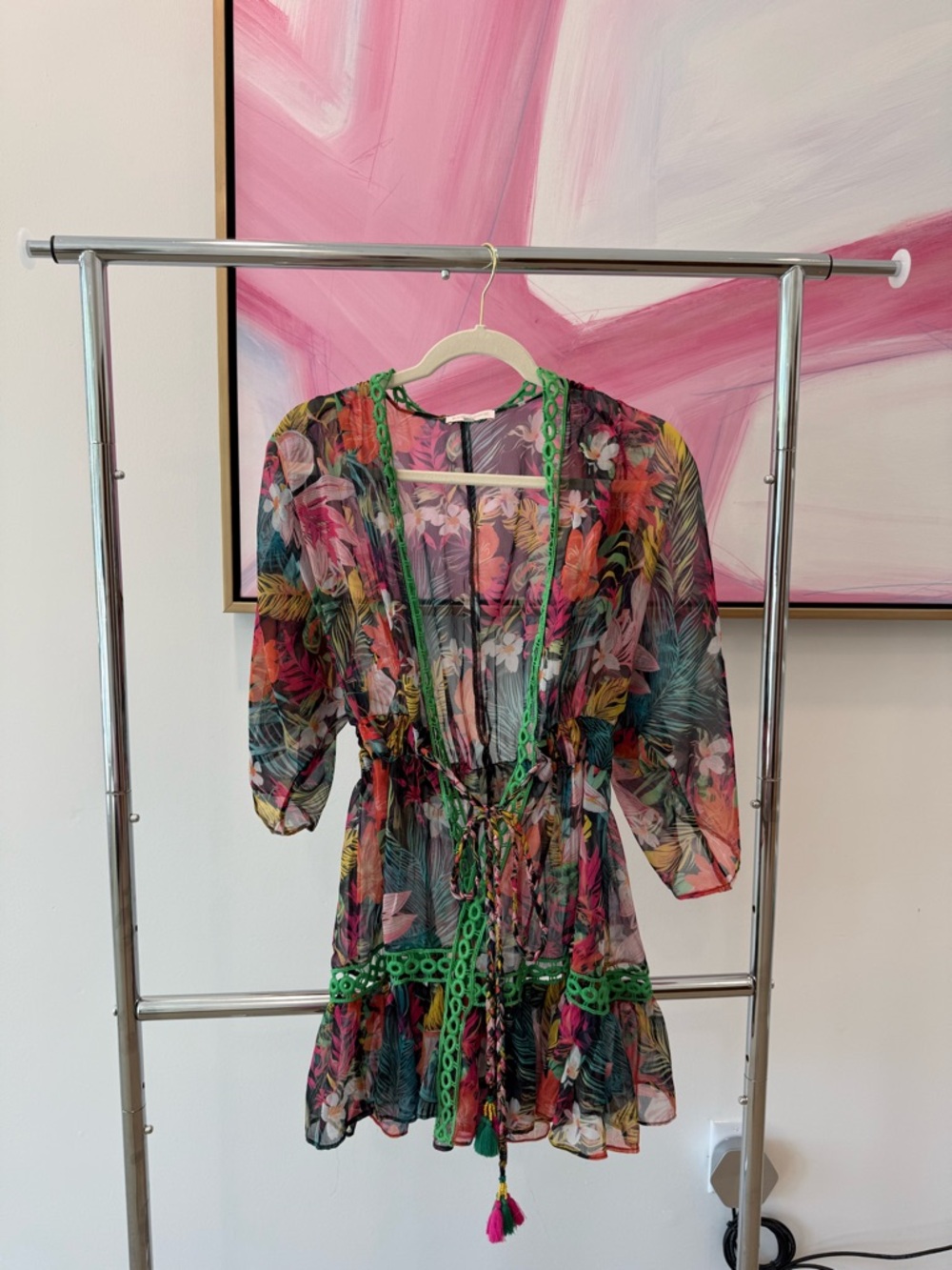 Ramy Brook Multicolor Floral Sheer Tie-Waist Coverup with Green Trim, size xs